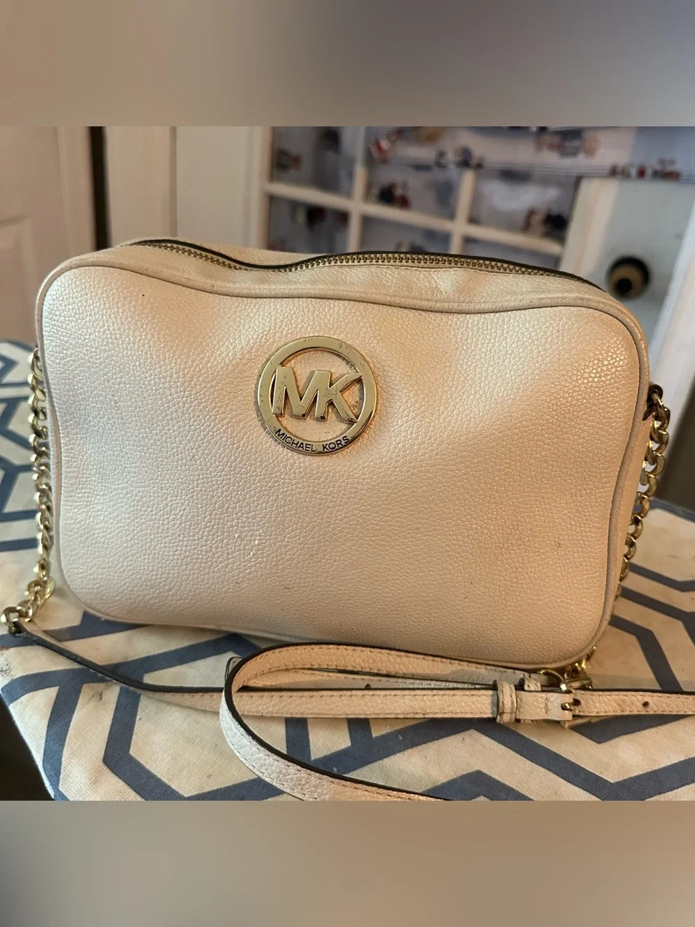 Michael Kors Cream Pebbled Leather Crossbody with Gold Logo